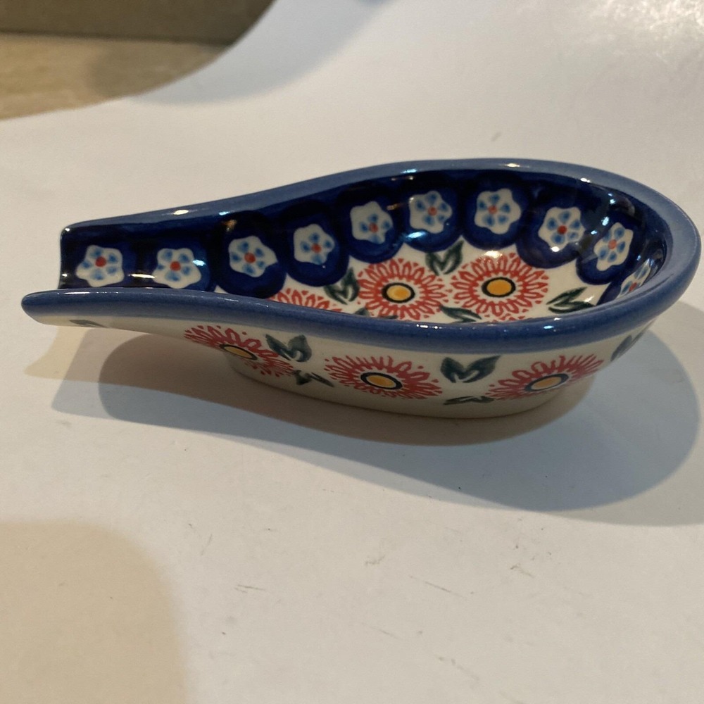 Polish Pottery Spoon Rest 5" Daisy Flower Pattern Blue Red Stamped Made Poland - Picture 2 of 4